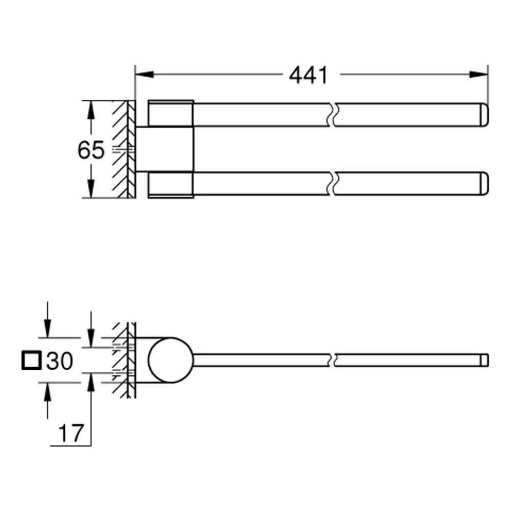 Grohe Handtuchhalter mit zwei Armen, schwenkbar, in Schwarz. Technische Zeichnung zeigt Montage- und Abmessungsdetails.