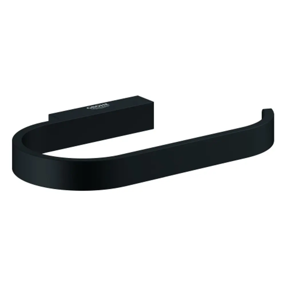 Schwarzer GROHE WC-Papierhalter in minimalistischer u-förmiger Ausführung. Konstruktion ohne Deckel, geeignet für die Wandmontage.