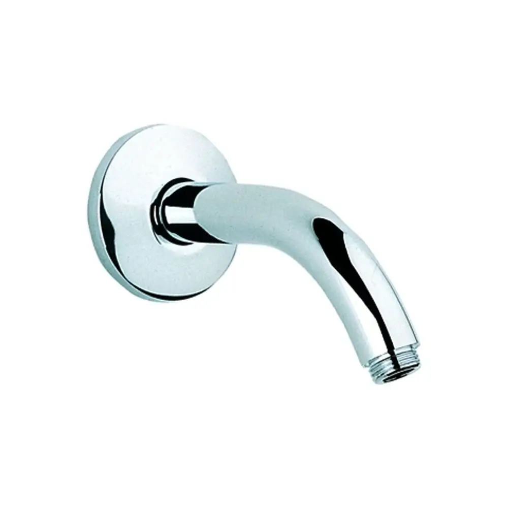Chromfarbener Grohe Brausearm mit gebogenem Auslauf, Anschluss für Dusche oder Wasserhahn, montiert an einer runden Wandplatte.