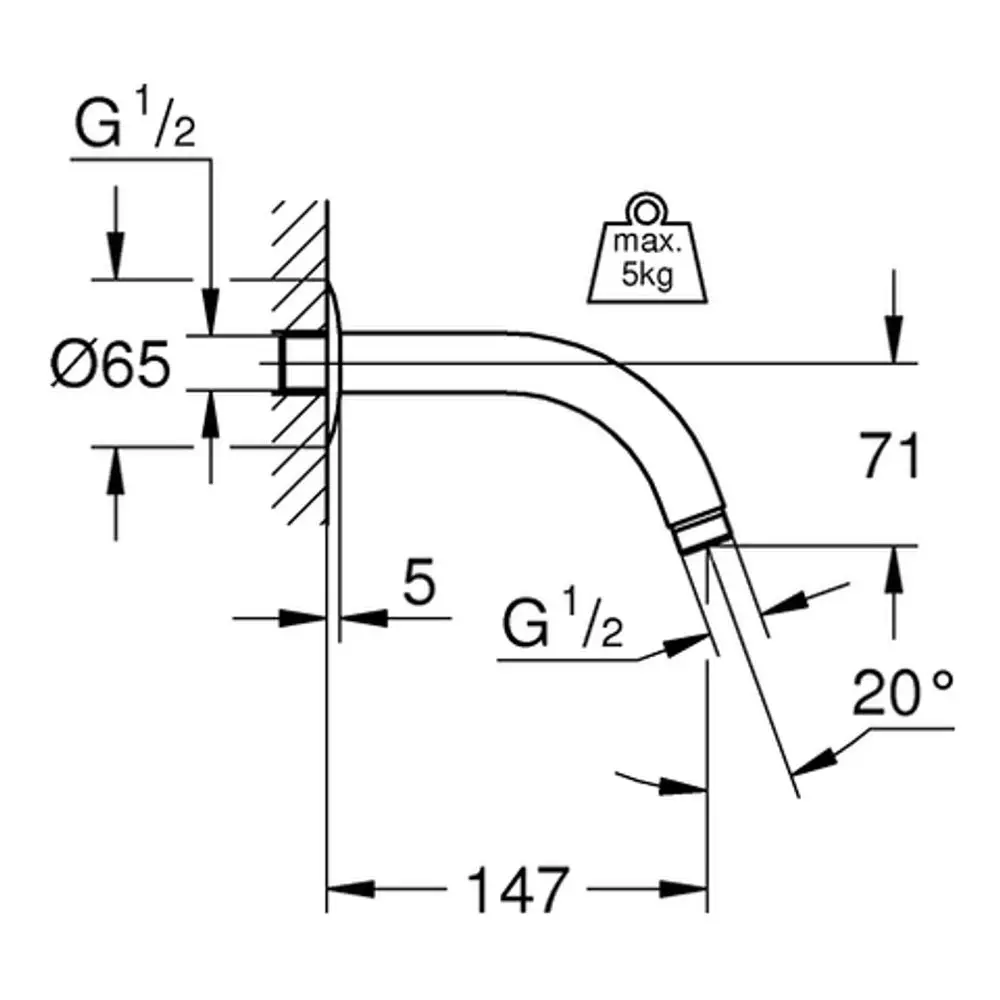 Grohe Brausearm in verchromter Ausführung mit einer Ausladung, einer Halterung und einem Winkel von 20°. Enthält Maße und ein Gewicht von maximal 5 kg.