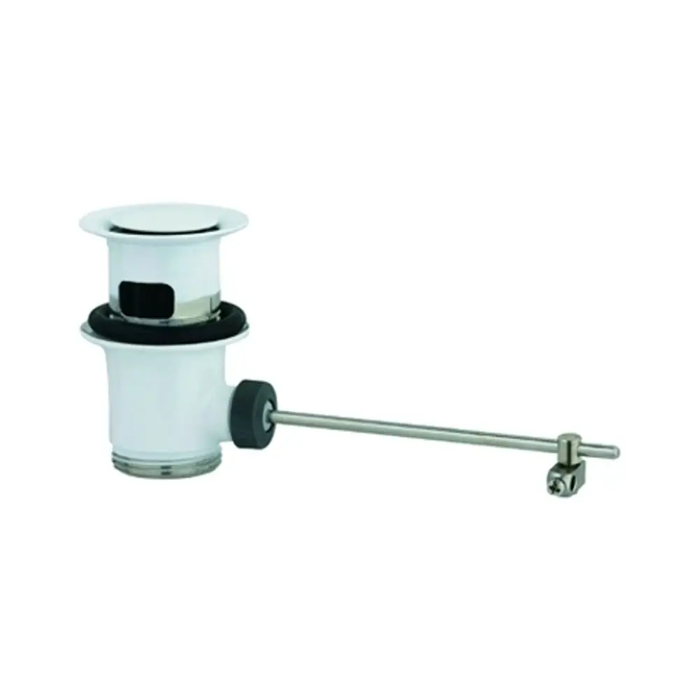Weiße Ablaufgarnitur von Grohe mit einem Einstieg und einer Betätigung, montiert für einen Waschtisch. Enthält Verbindungselemente und einen Hebel zur Bedienung.
