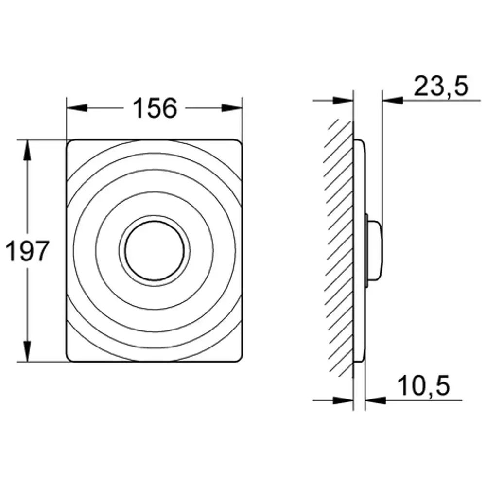 GROHE Betätigungsplatte aus Metall mit runder Mitte. Gezeigt sind Vorderansicht, Seitenansicht und Maße in Millimetern, geeignet für Druckspüler.