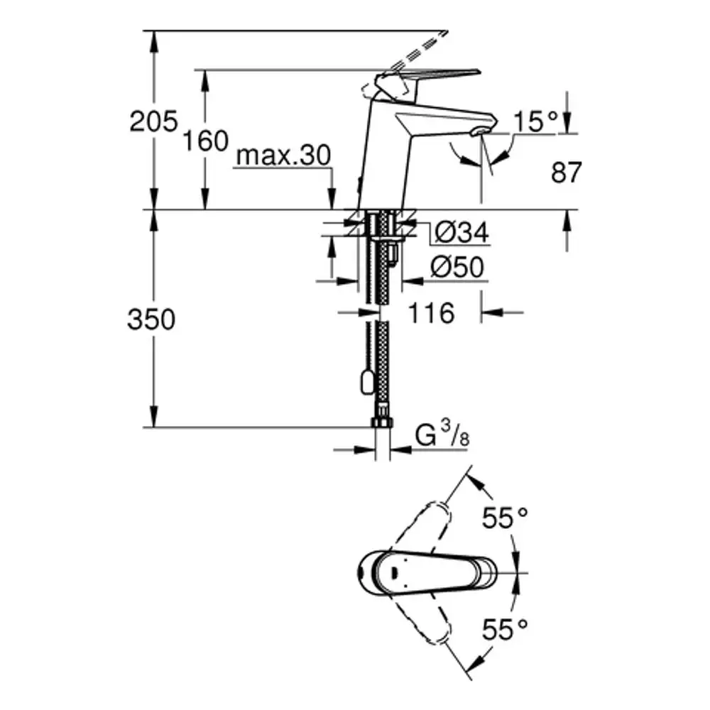 Grohe Armatur mit einem schwenkbaren Hebel und klaren Abmessungen. technische Zeichnung mit Größenangaben und Anschlussdetails.