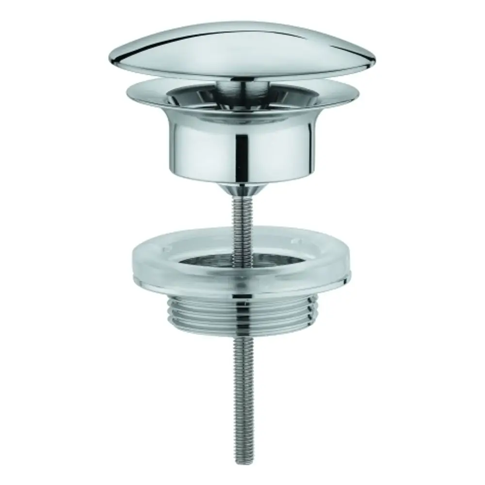 GROHE Ablaufventil ohne Überlauf in Chrom, bestehend aus einer oberen Abdeckung und einer unteren Montageeinheit mit Gewinde zur Befestigung.