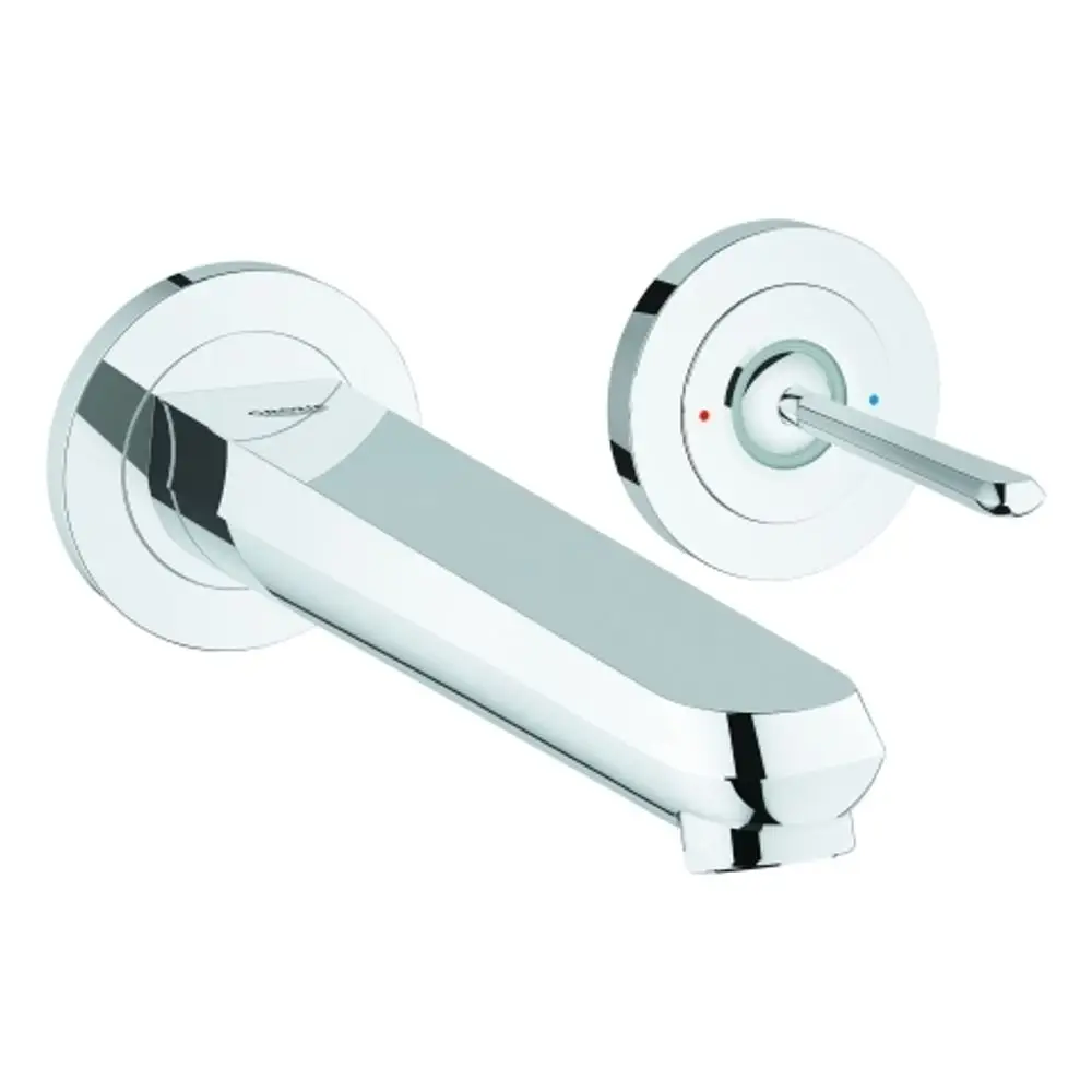 Wandmontierte Grohe-Armatur mit einem Auslauf und einem seitlichen Hebel zur Wassersteuerung. Verchromte Oberfläche, einfacher und moderner Designstil.