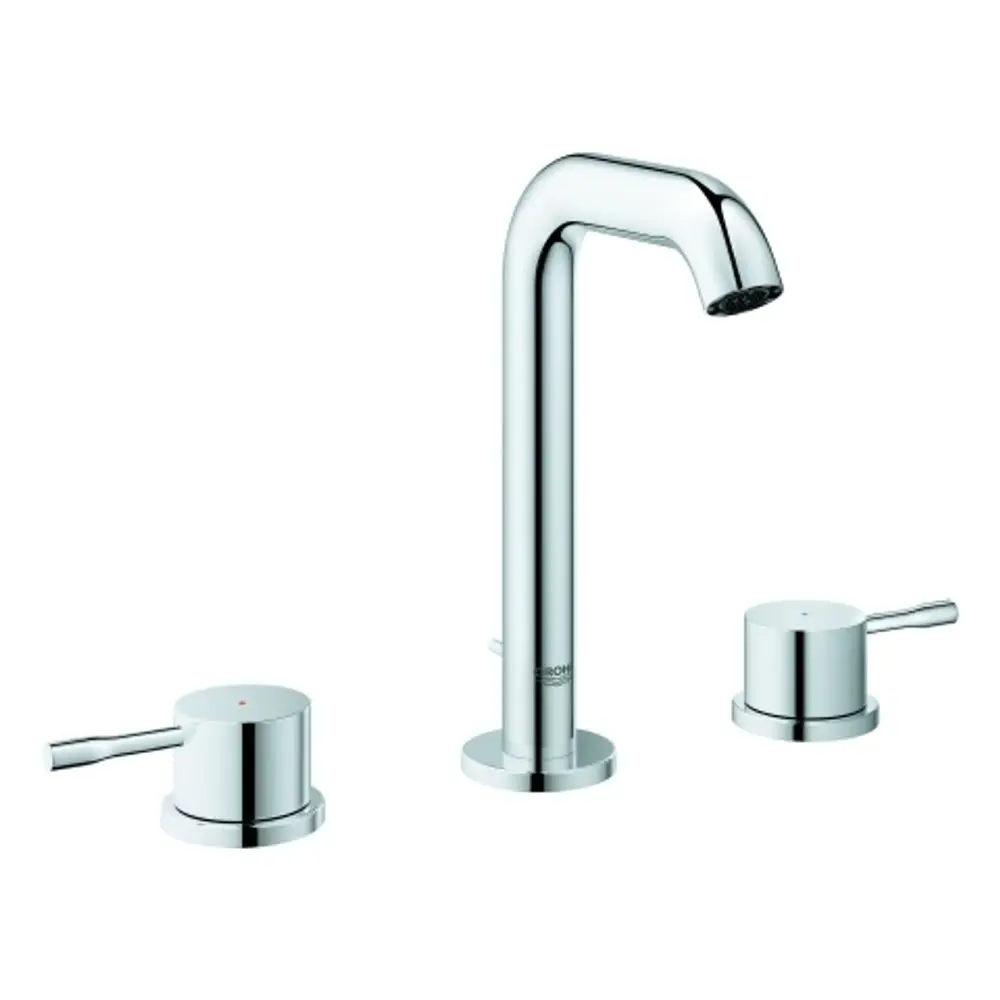 Waschtischarmatur von Grohe mit einem hohen, geschwungenen Auslauf und zwei seitlichen Griffen für die Temperatur- und Mengeneinstellung in Chromoptik.