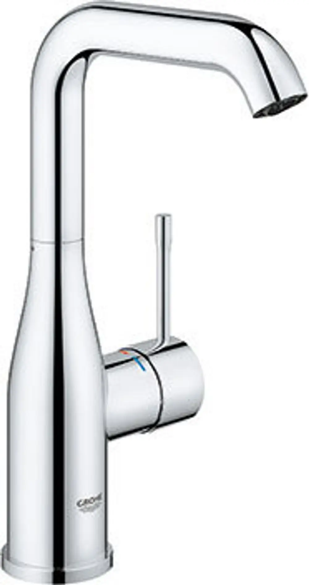 Grohe Wasserhahn mit hohem Auslauf und seitlichem Bedienhebel in verchromter Oberfläche. Eignet sich für Küche oder Badezimmer.