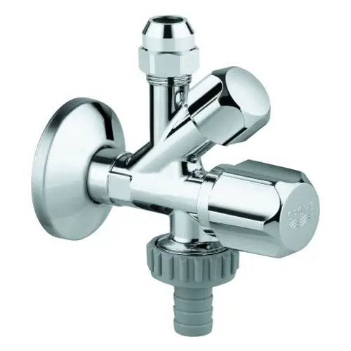 Chromfarbenes Grohe Kombi-Eckventil mit drei Anschlussöffnungen und einem Schlauchanschluss. Eignet sich für Sanitärinstallationen.