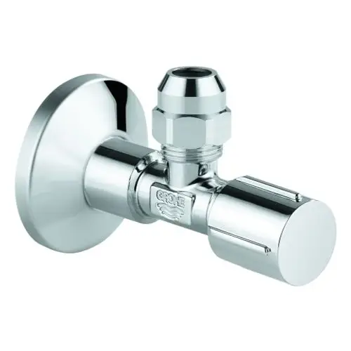 GROHE Eckventil aus verchromtem Metall mit Rosette und einem Griff. Sichtbare Rohranschlüsse für die Montage. Einsatzbereich in Sanitärinstallationen.