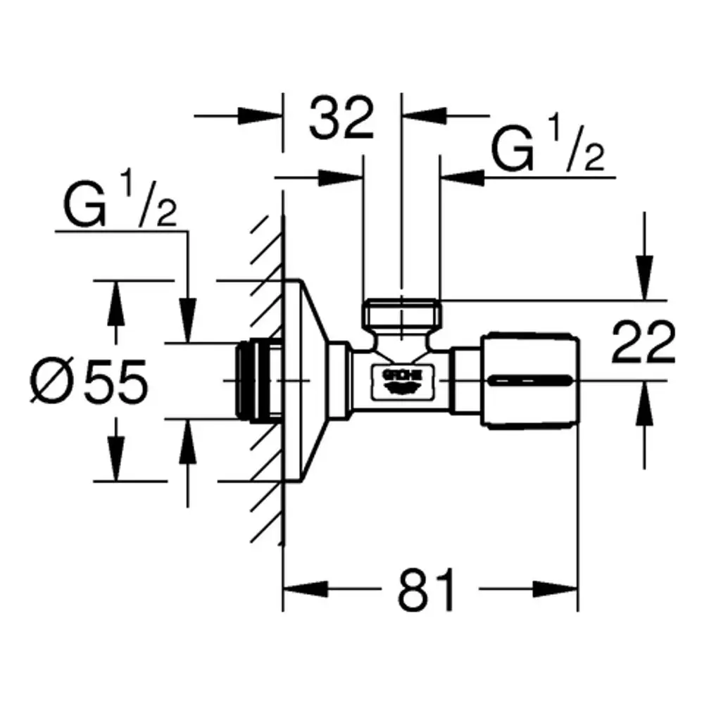 Eckventil mit Anschluss für Rohrleitung, Metallgriff und Rosette. Grohe-Produkt, gestaltet für den direkten Wandanschluss. Maße und Anschlussgrößen sind im Diagramm dargestellt.