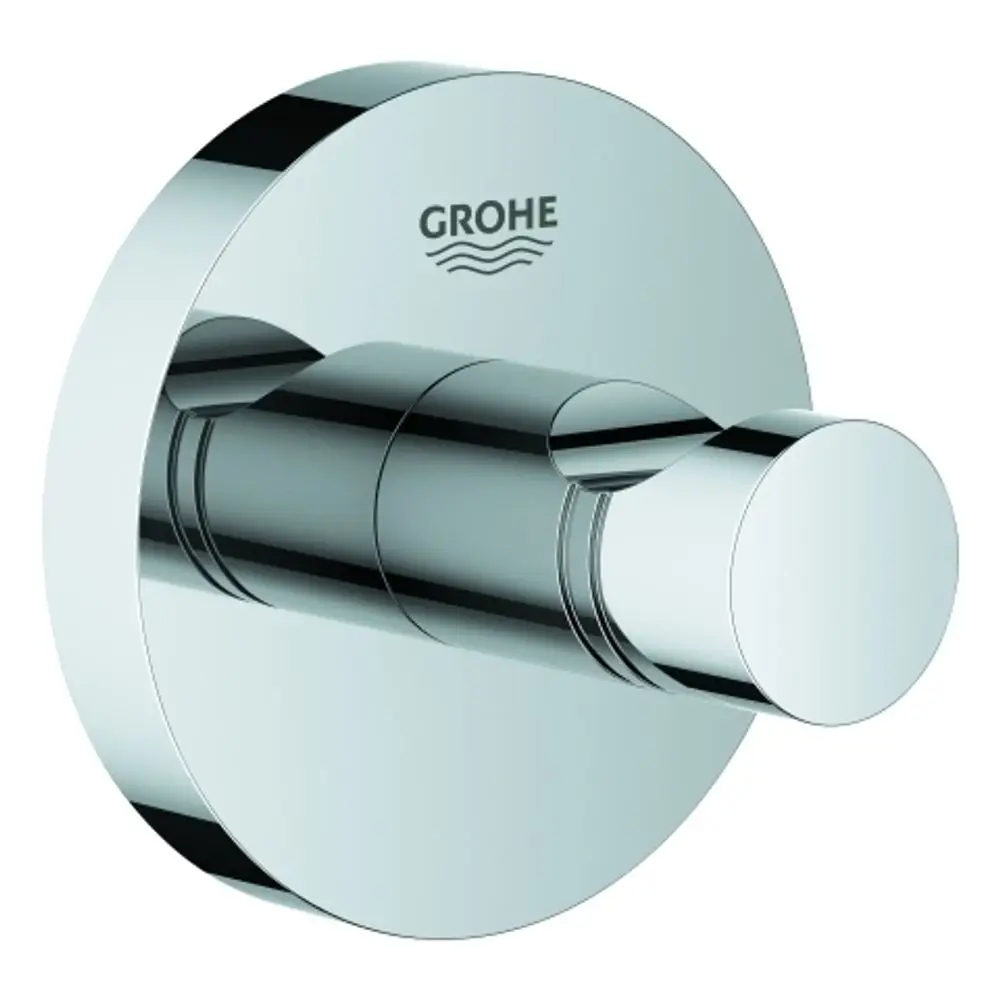 Kreisförmiger Bademantelhaken aus Metall in chromfarbener Ausführung, montiert an einer Wand, mit dem Markenlogo von Grohe.