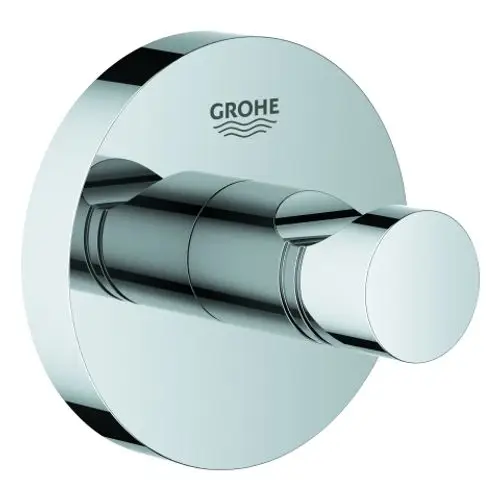 Kreisförmiger Bademantelhaken aus Metall in chromfarbener Ausführung, montiert an einer Wand, mit dem Markenlogo von Grohe.
