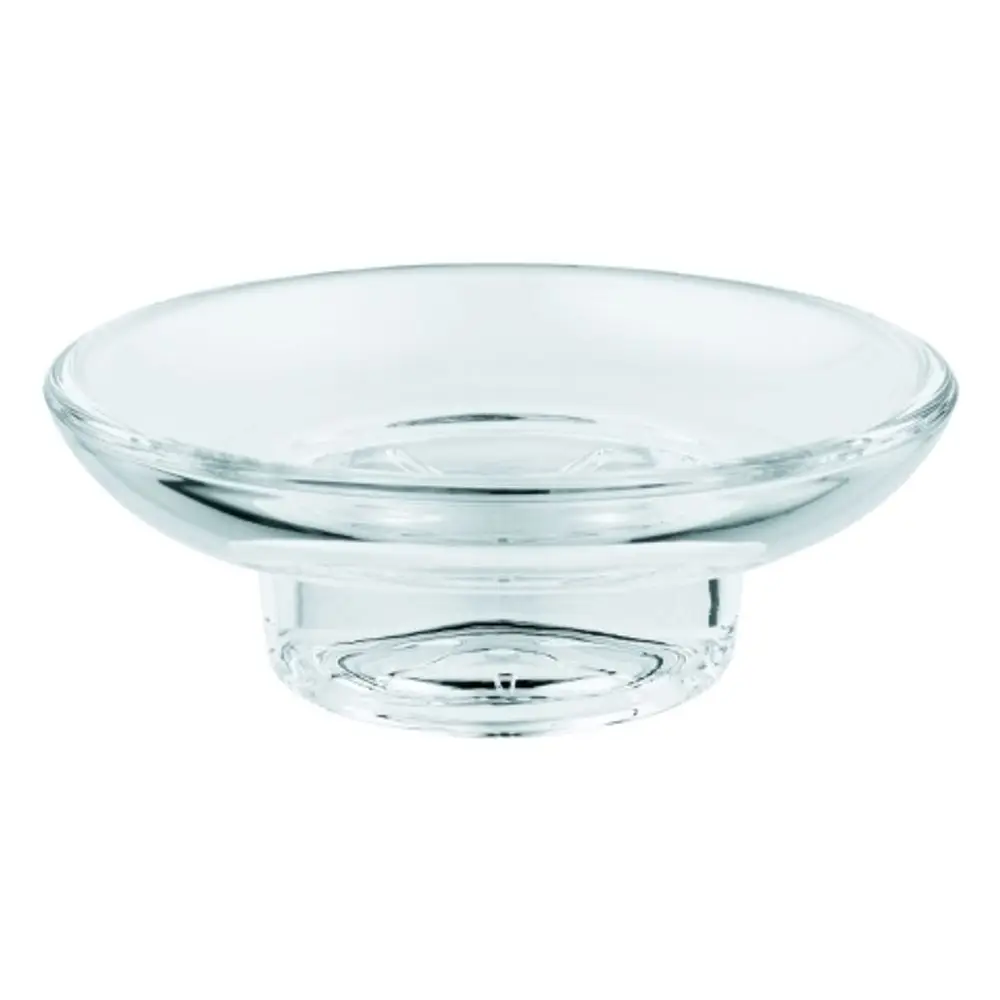 Transparente Seifenschale aus Glas mit runder Form und flachem Rand, platziert auf einem stabilen Sockel. Marke Grohe.