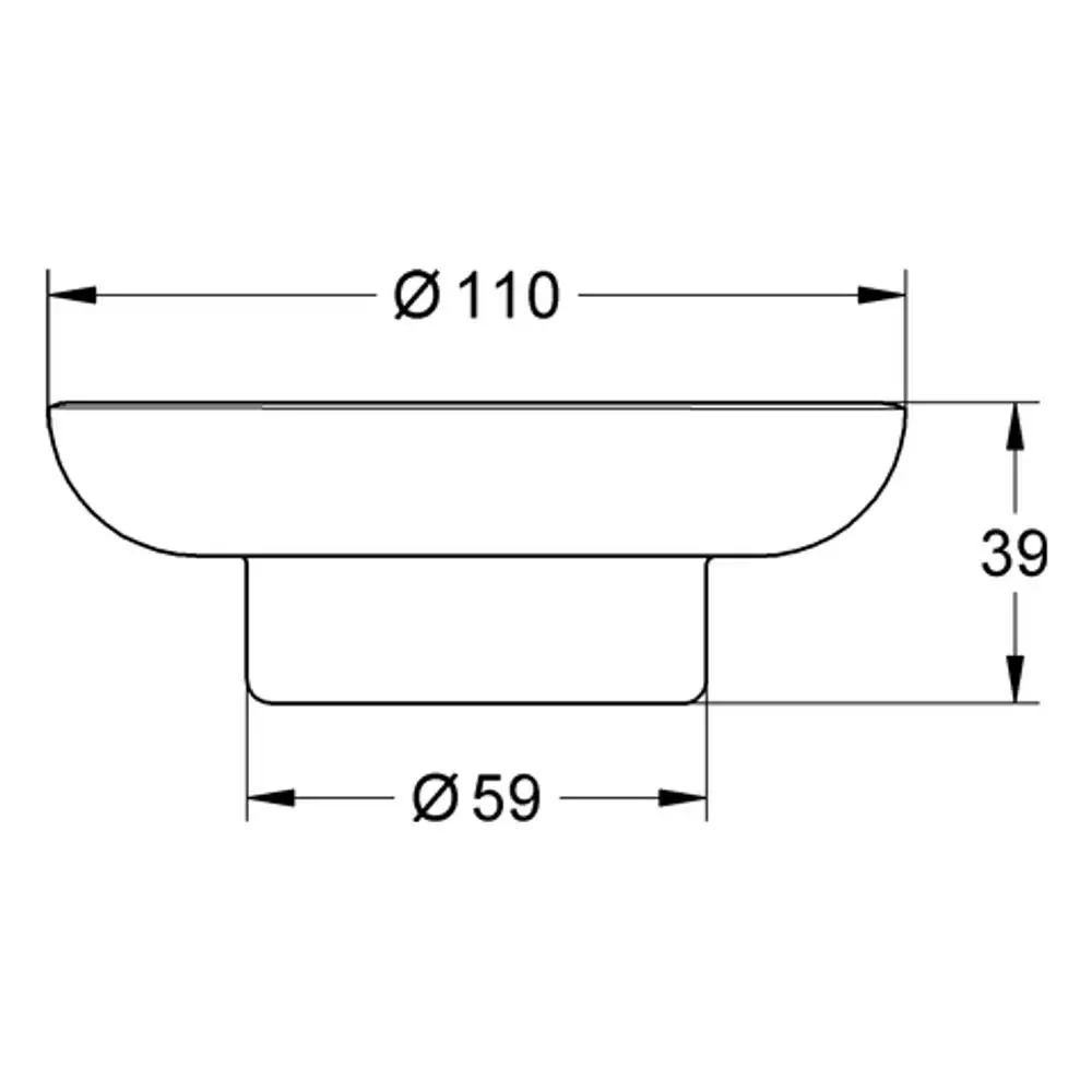 Grohe Seifenschale mit runder Form, flacher Oberschale und einer Aufhängung, die diagonale Maße aufweist. Die Abmessungen sind deutlich sichtbar im Bild.