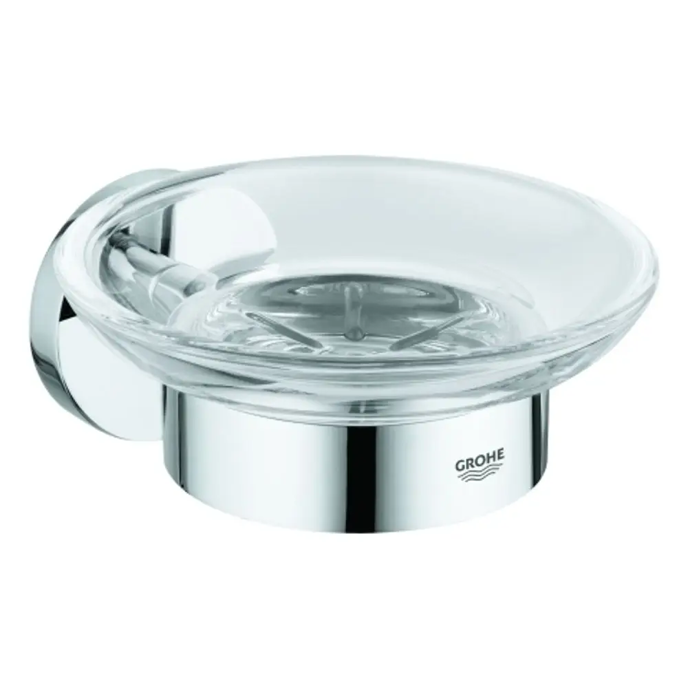 Wandmontierte Seifenschale aus Glas mit verchromtem Halter von Grohe. Die Schale hat eine runde Form und ist in einem modernen Design gehalten.