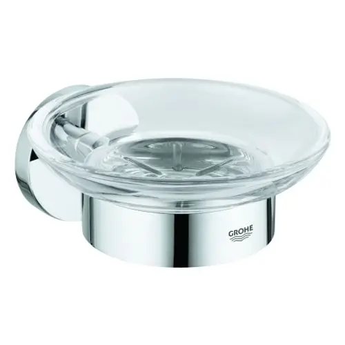 Wandmontierte Seifenschale aus Glas mit verchromtem Halter von Grohe. Die Schale hat eine runde Form und ist in einem modernen Design gehalten.