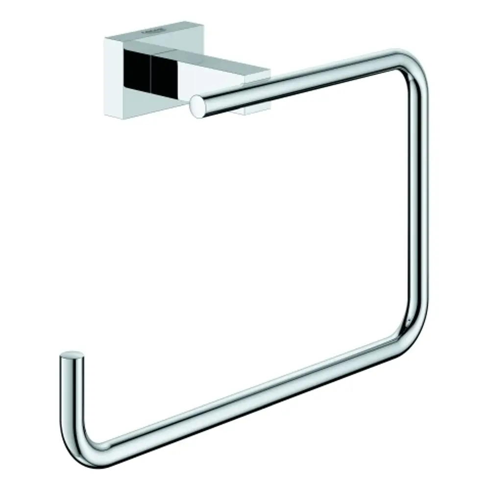 GROHE Handtuchring in Chrom-Optik, montiert an einer rechteckigen Wandplatte. Das Design ist schlicht und funktional. Ideal für die Befestigung von Handtüchern in Badezimmern.