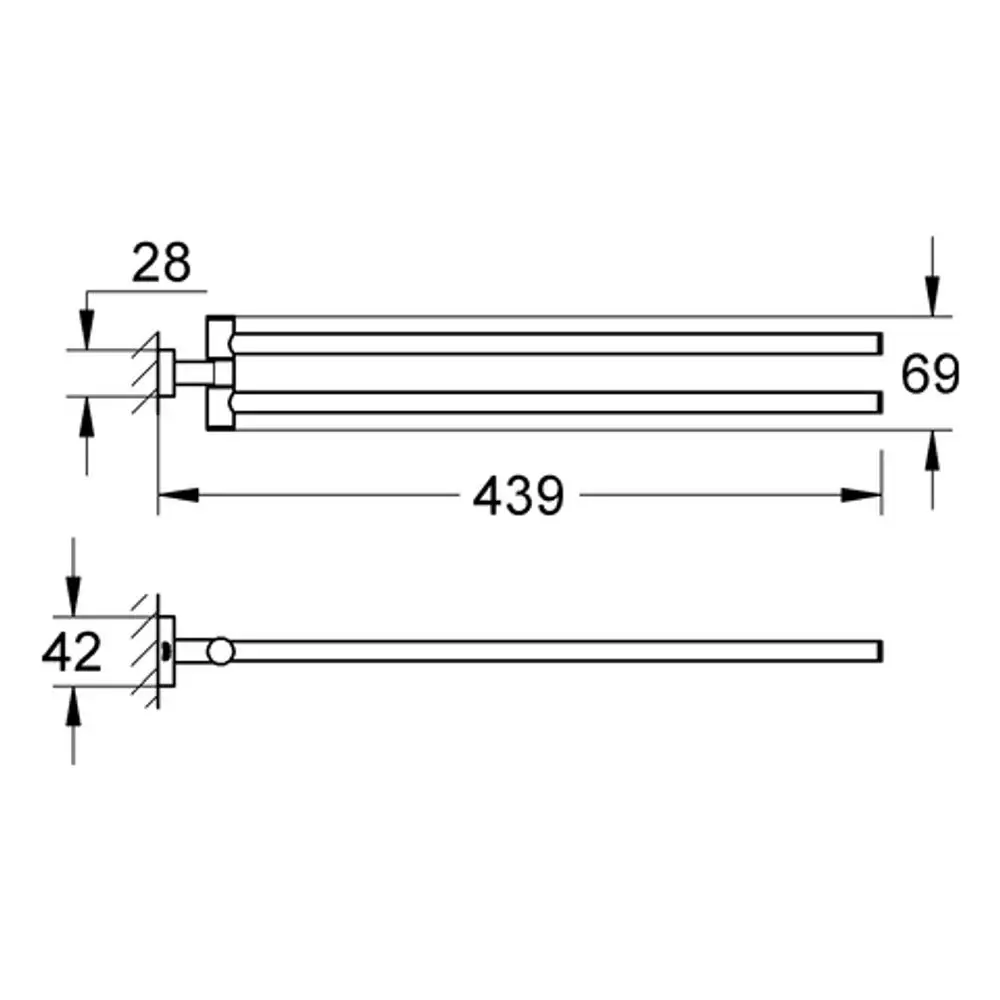 GROHE Handtuchhalter mit zwei Armen, schwenkbar, in chrom. Technische Zeichnung mit Abmessungen und Details zur Montage.
