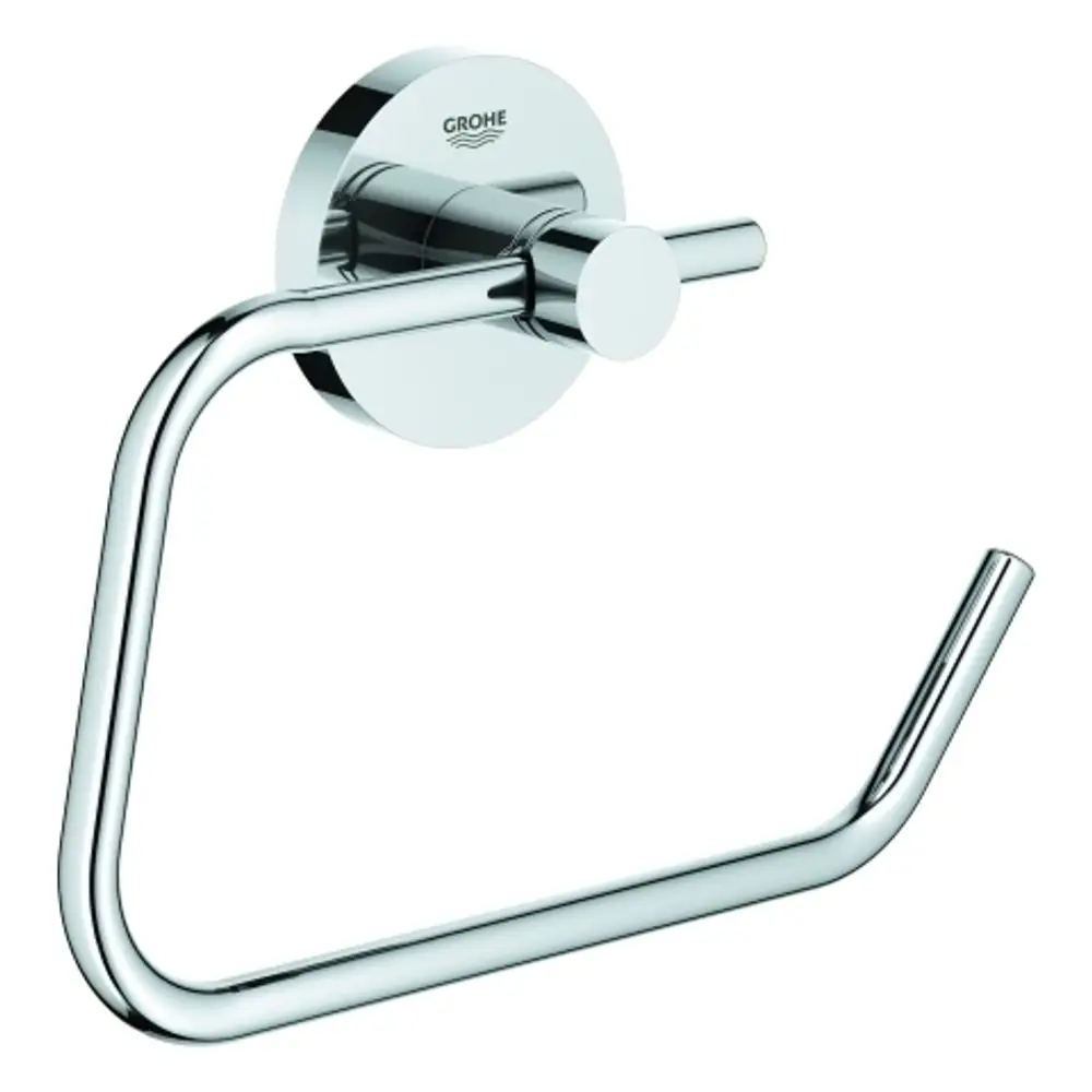 Ein WC-Papierhalter aus verchromtem Metall, an der Wand montiert, mit einer runden Wandplatte und einem einfachen, geschwungenen Haltegriff von Grohe.