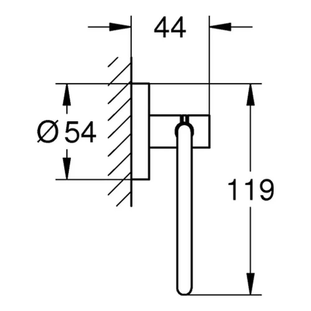 GROHE WC-Papierhalter aus Metall mit einer runden Wandplatte und einem nach unten gebogenen Halter, montiert an einer Wand.