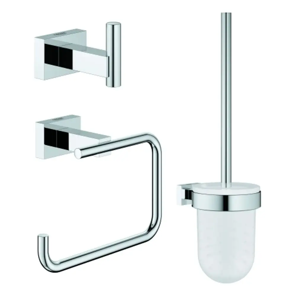 GROHE WC-Accessoire Set in Chrom, bestehend aus zwei Handtuchhaltern und einer WC-Bürste, alle mit klaren, rechteckigen Linien und einer glänzenden Oberfläche.