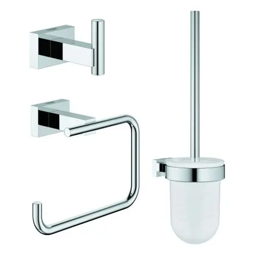 GROHE WC-Accessoire Set in Chrom, bestehend aus zwei Handtuchhaltern und einer WC-Bürste, alle mit klaren, rechteckigen Linien und einer glänzenden Oberfläche.