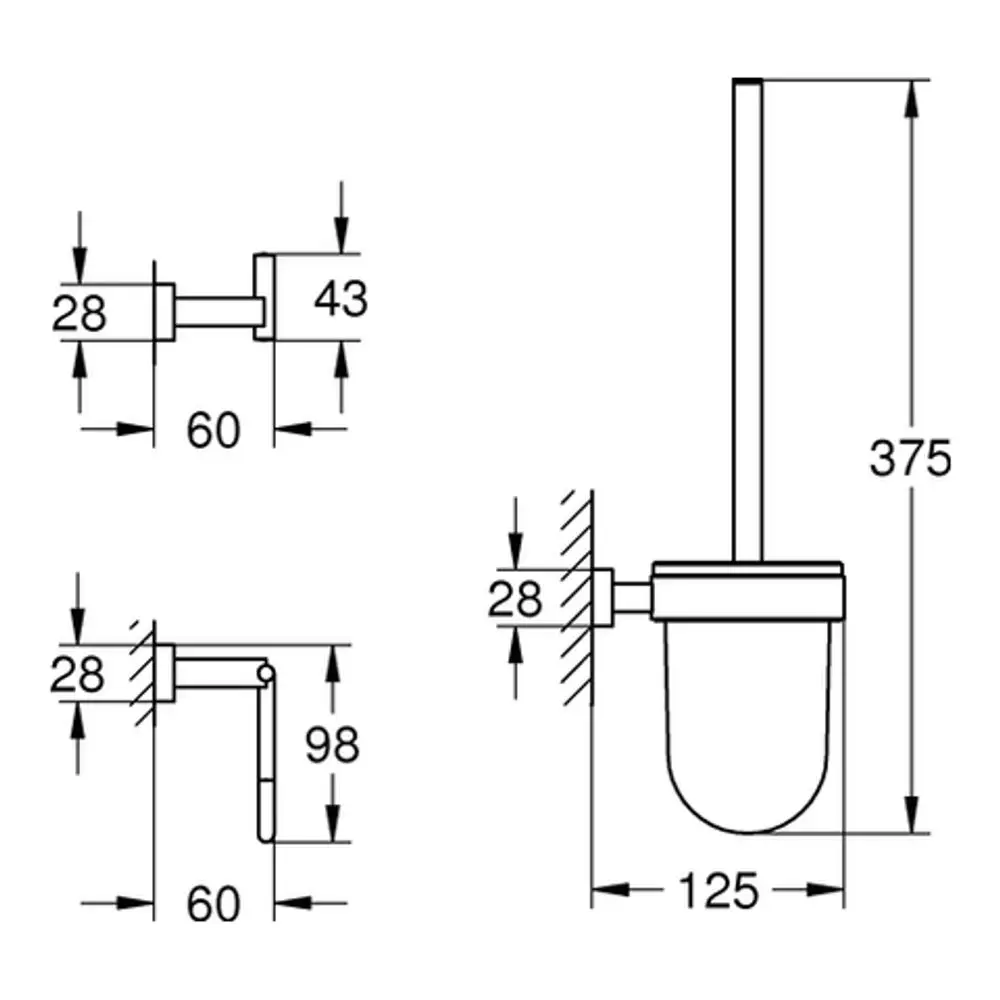 Technisches Zeichnungsdiagramm eines Grohe WC-Accessoire Sets mit Maßelementen und Montageinformationen in verschiedenen Ansichten, einschließlich Abmessungen und Positionierung.