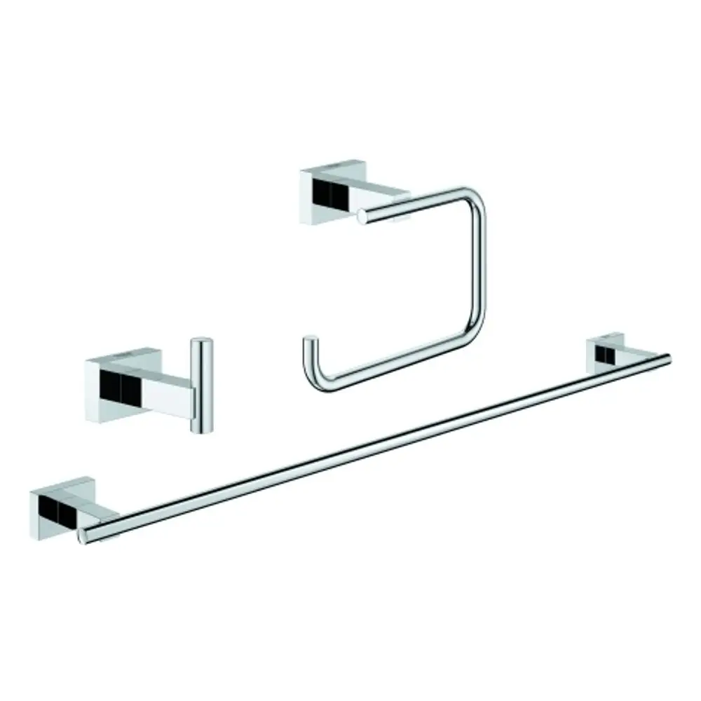 Grohe Bad-Accessoire-Set mit verschiedenen Halterungen: eine Handtuchstange, ein Handtuchring und zwei Wandhalterungen in verchromtem Finish.