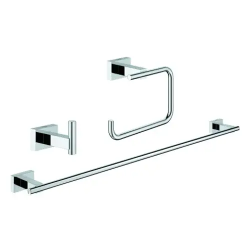 Grohe Bad-Accessoire-Set mit verschiedenen Halterungen: eine Handtuchstange, ein Handtuchring und zwei Wandhalterungen in verchromtem Finish.