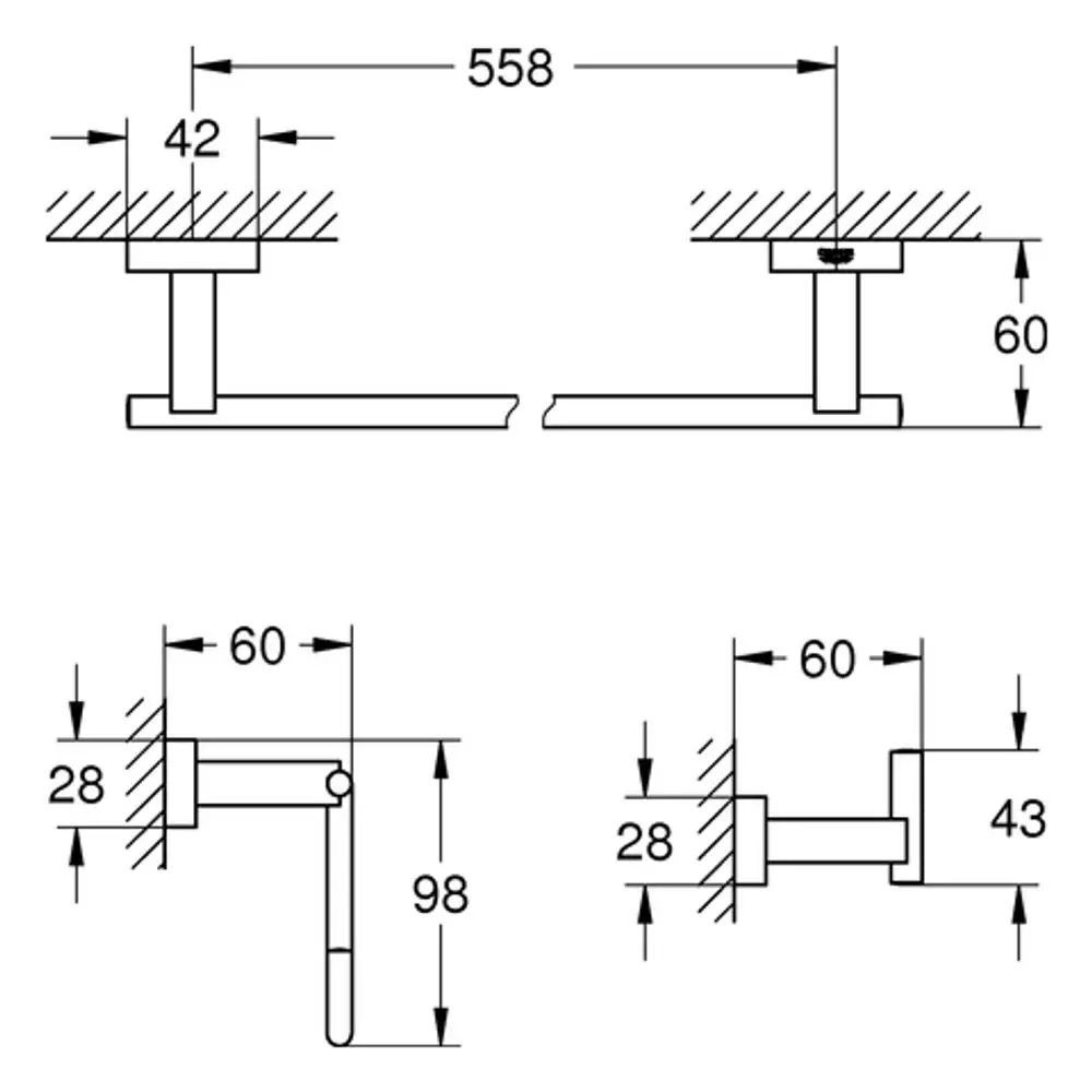 Technische Zeichnung eines Bad-Accessoire-Sets mit verschiedenen Ansichten. Elemente von Grohe zeigen Befestigungspunkte und Abmessungen.
