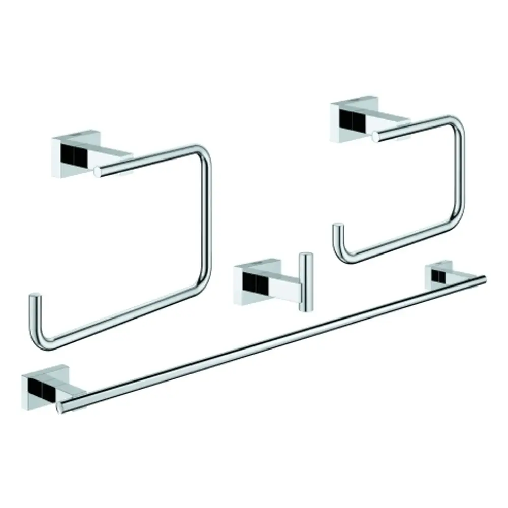 GROHE Bad-Accessoire Set mit vier elementaren Elementen in verchromtem Finish, bestehend aus Handtuchhalter, Toilettenpapierhalter und weiteren Zubehörteilen.