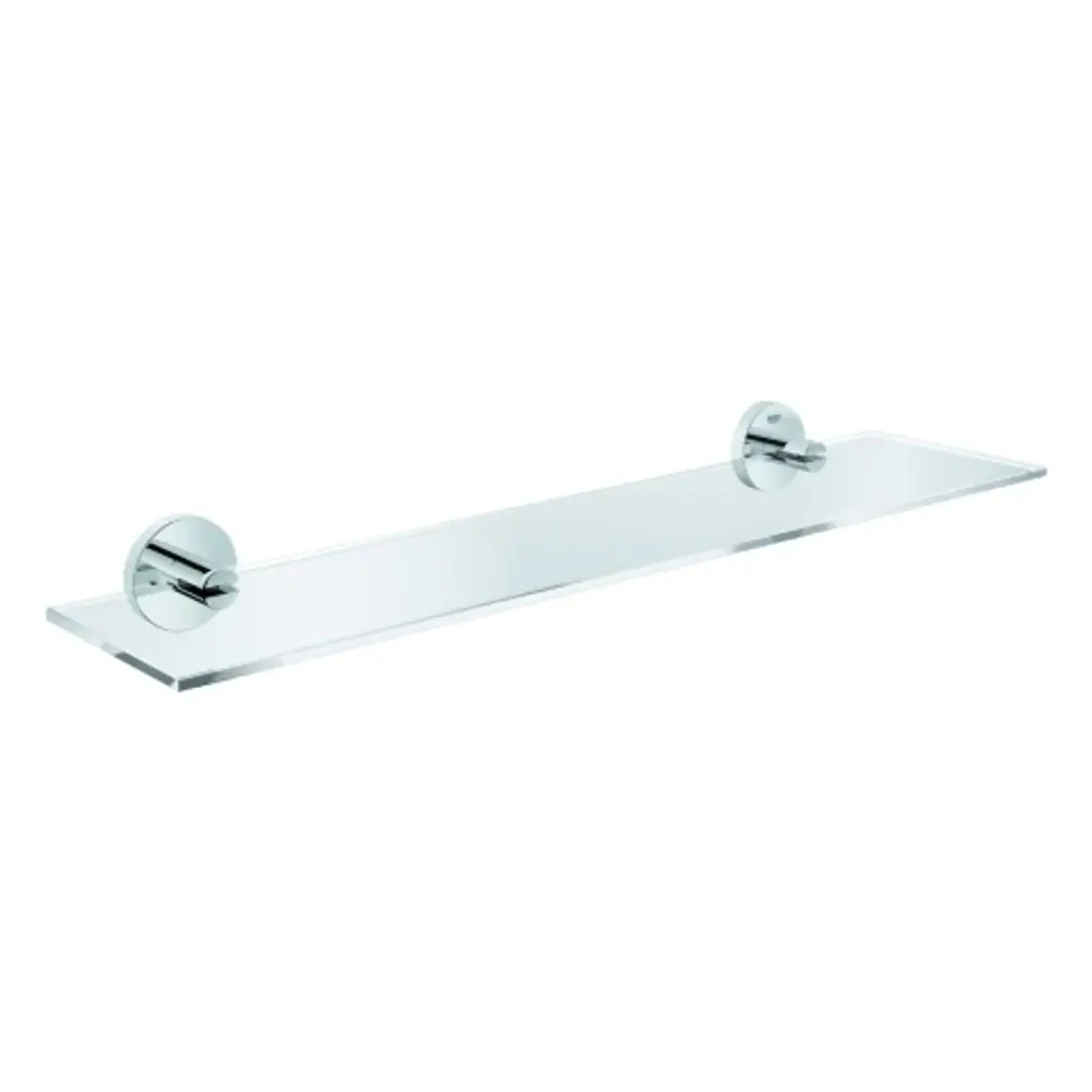 Glasablage mit Metallhaltern in Chromfinish, hergestellt von Grohe. Die Ablage ist rechteckig und funktional gestaltet, geeignet für Badezimmer oder andere Räume.