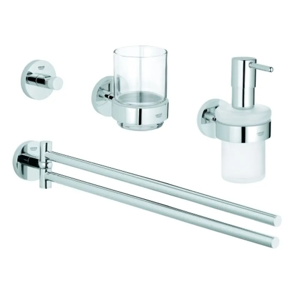 GROHE Waschtisch-Accessoire Set in Chrom mit einem Seifenspender, einem Zahnbürstenbecher, und einer Doppelhandtuchstange, zur Wandmontage geeignet.