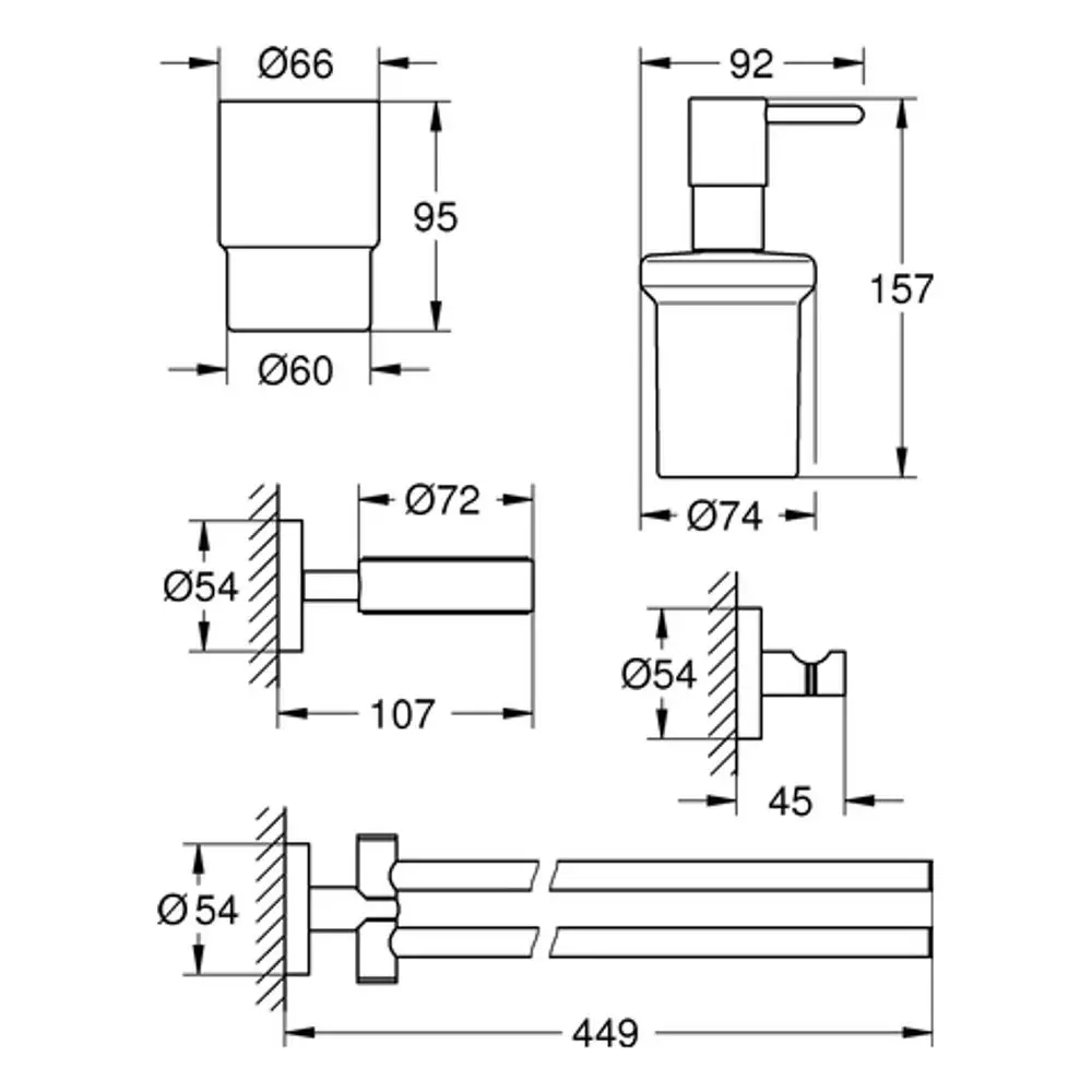 GROHE Waschtisch-Accessoire Set mit verschiedenen Komponenten, dargestellt in einer technischen Zeichnung. Maße und Details sind klar abgebildet.