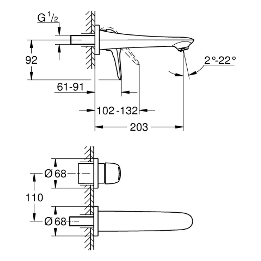 Grohe Wandbatterie mit zwei Ausläufen, Darstellung der Anschlussmaße und Höhenvariationen zur Installation, technische Zeichnung mit spezifischen Abmessungen.