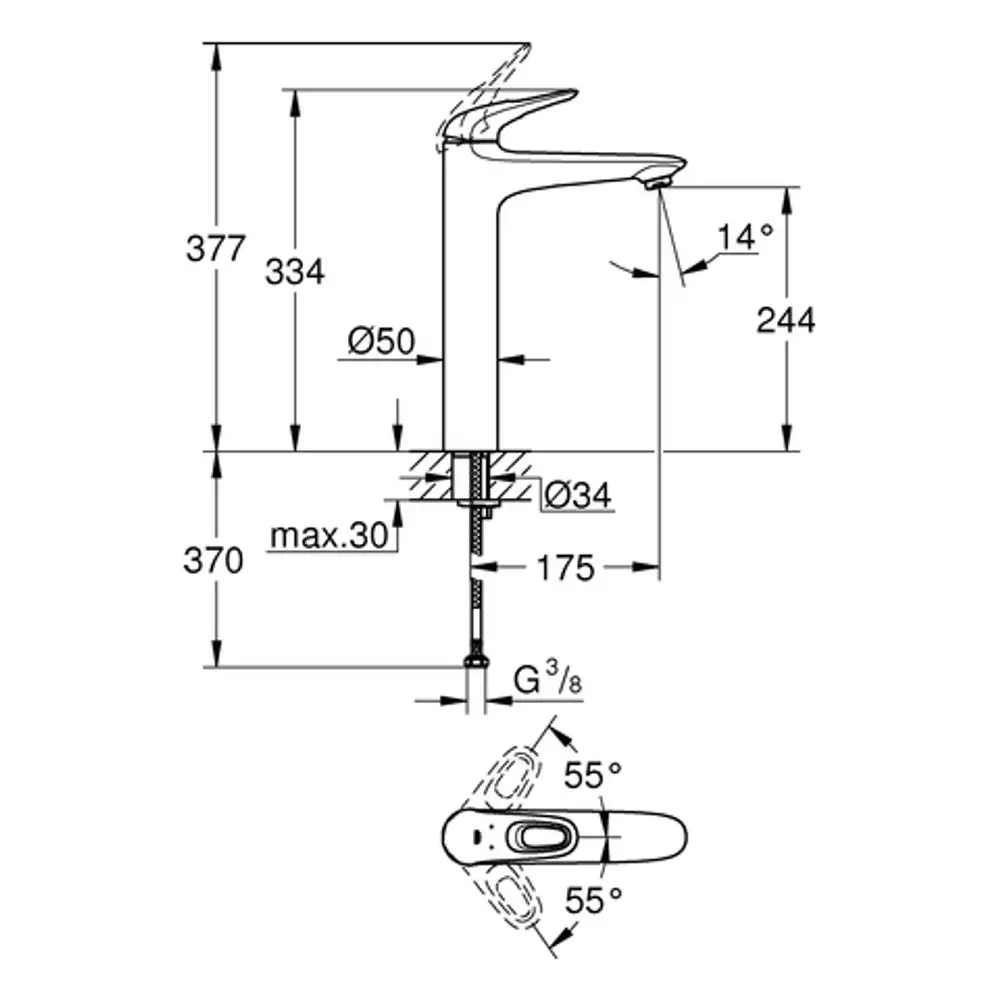 Grohe Einhebelmischbatterie mit glattem Körper in moon white und Chrom. Technische Zeichnung mit Abmessungen und Montagehinweisen.