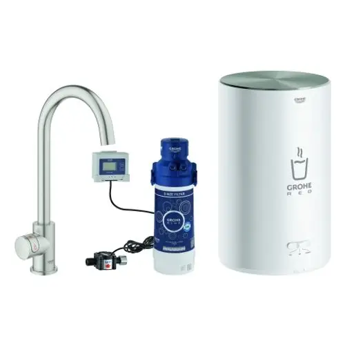 Grohe-Wasserhahn mit Auslauf, digitalem Steuergerät und Wärmespeicher für Heißwasser, kombiniert mit einem blauen Filtersystem.