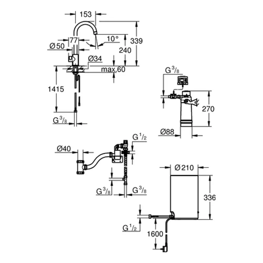 Technische Zeichnung eines GROHE Standventils. Enthält Maße und Detaillierungen zur Installation, Variationen in Auslaufform und Anschlussgrößen.
