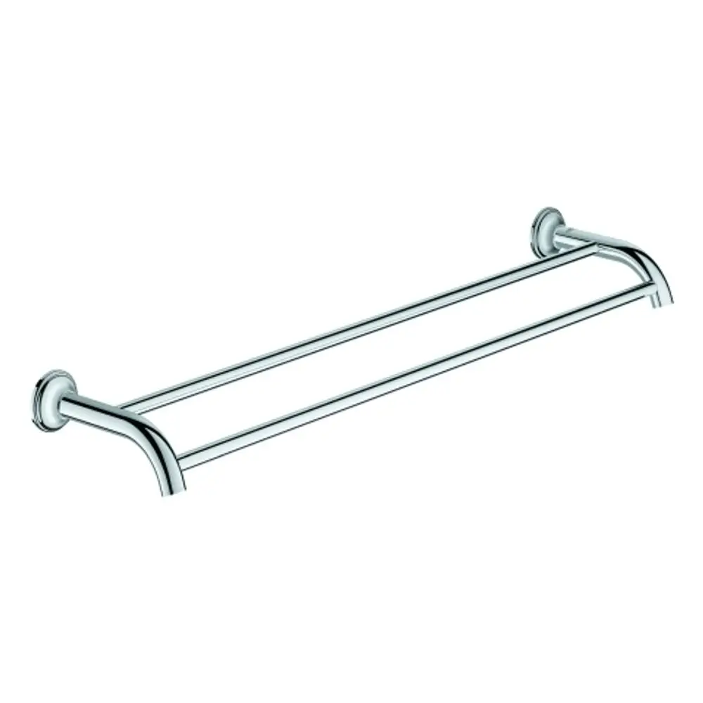 Doppel-Badetuchhalter aus verchromtem Material, montiert an der Wand, mit zwei parallel verlaufenden Stangen. Produkt von Grohe.