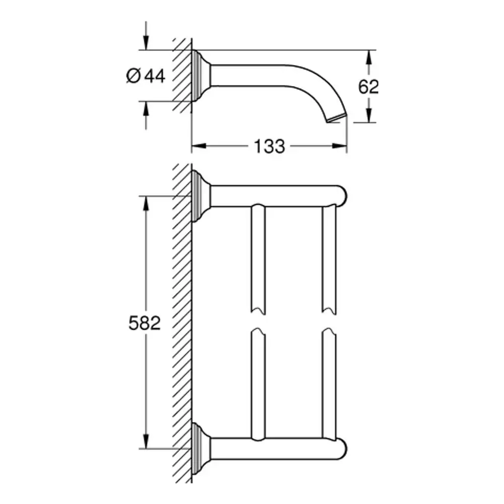 Grohe Doppel-Badetuchhalter, montiert an der Wand, mit zwei Ablageflächen und einer gebogenen Halterung für Handtücher. Die Konstruktion ist aus metallischen Materialien.