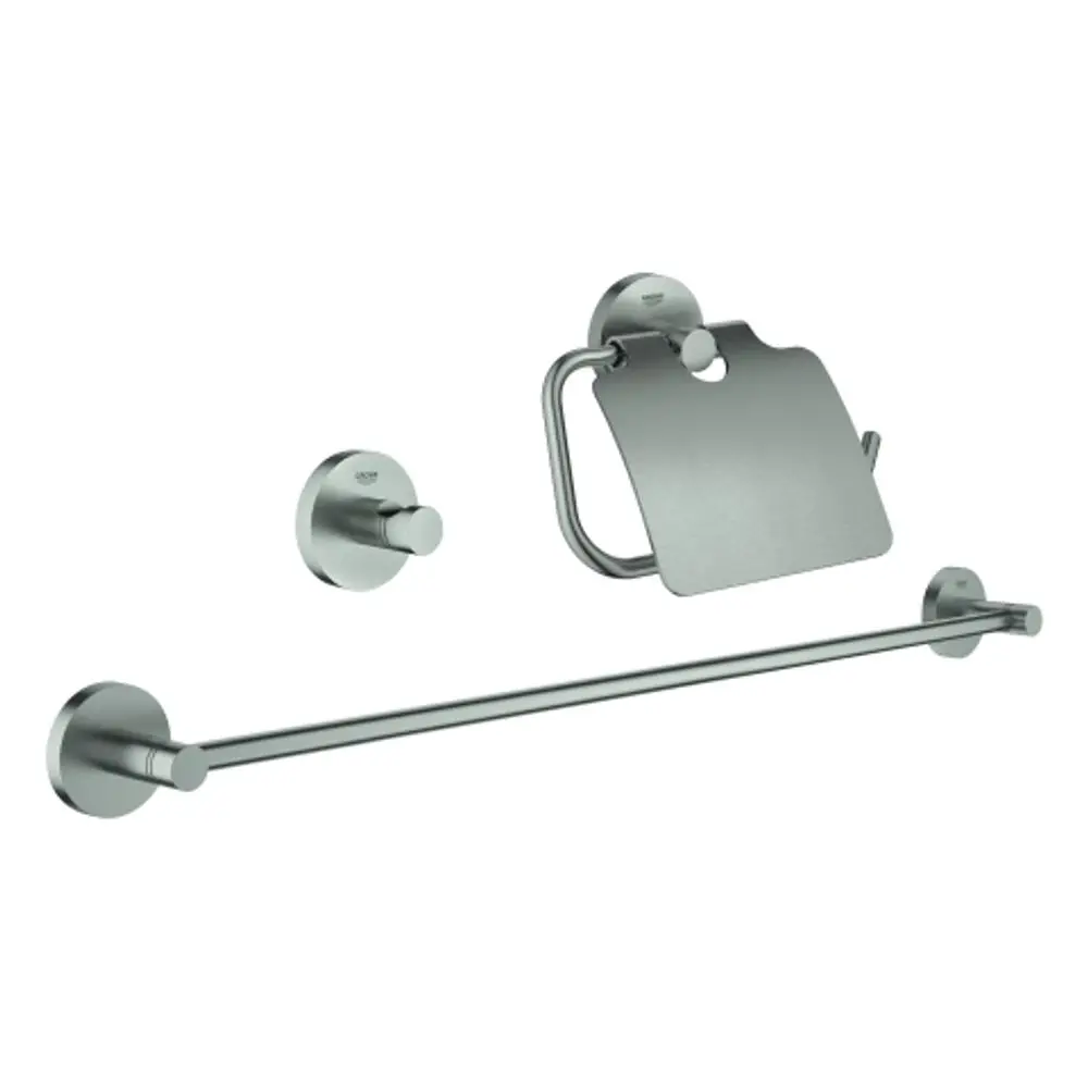 Ausstattungsset von Grohe für das Bad mit einem Handtuchhalter und einer Klopapierhalterung aus Edelstahl, montiert an einer hellen Wand.