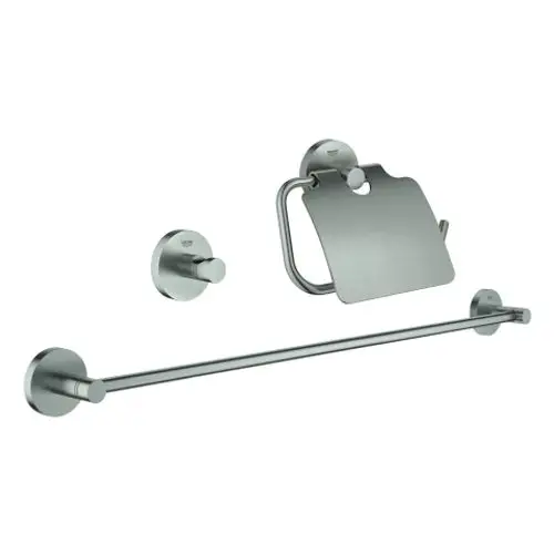 Ausstattungsset von Grohe für das Bad mit einem Handtuchhalter und einer Klopapierhalterung aus Edelstahl, montiert an einer hellen Wand.