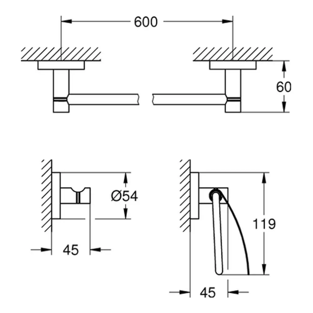 Technische Zeichnung eines Bad-Accessoire-Elements von Grohe, zeigt Detailansichten und Maße für die Montage und Gestaltung im Badezimmer.