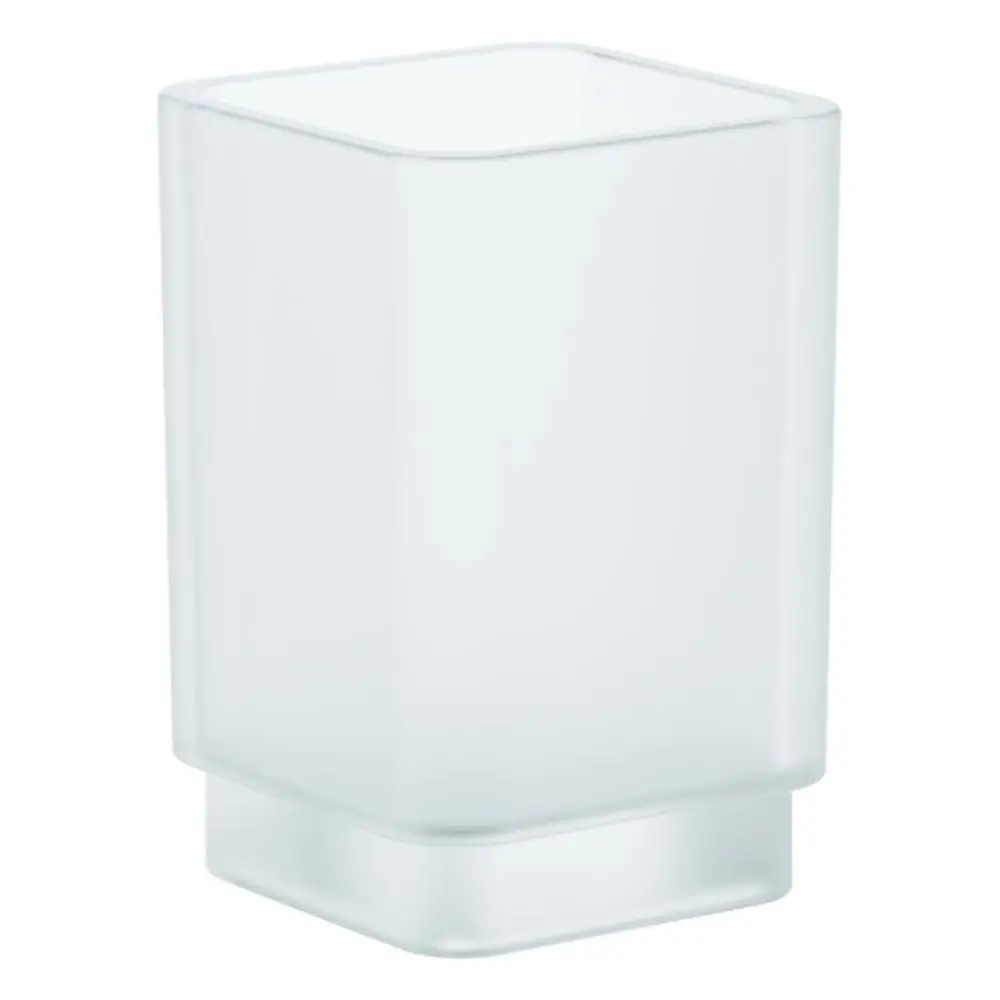 Transparentes Glas mit rechteckiger Form und flachem Boden, geeignet für Halterungen von Grohe, in schlichter Ausführung.