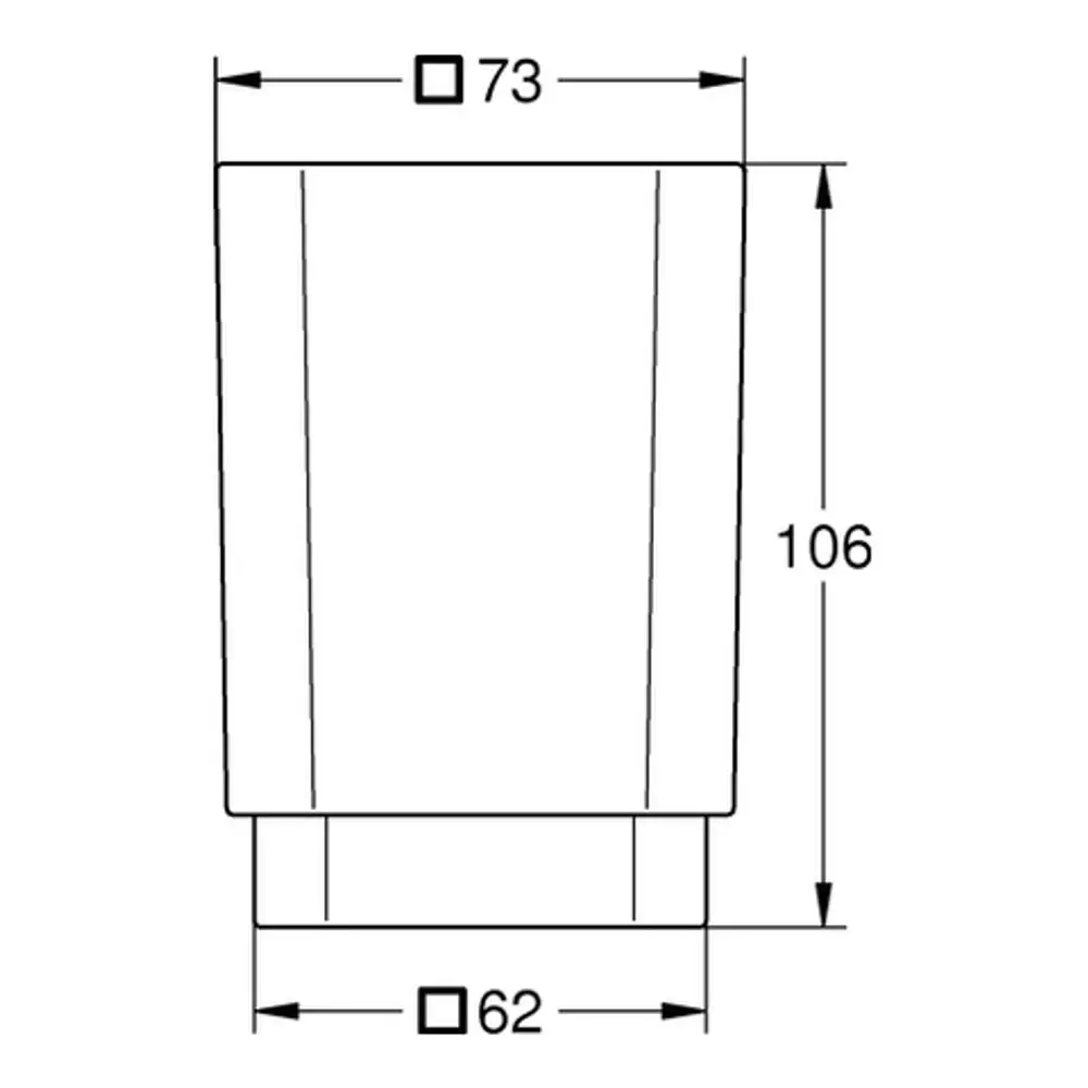 GROHE Glasbehälter in quadratischer Form mit Maßen, der für einen Halter geeignet ist. Die Oberfläche ist glatt und die Farbe ist neutral.