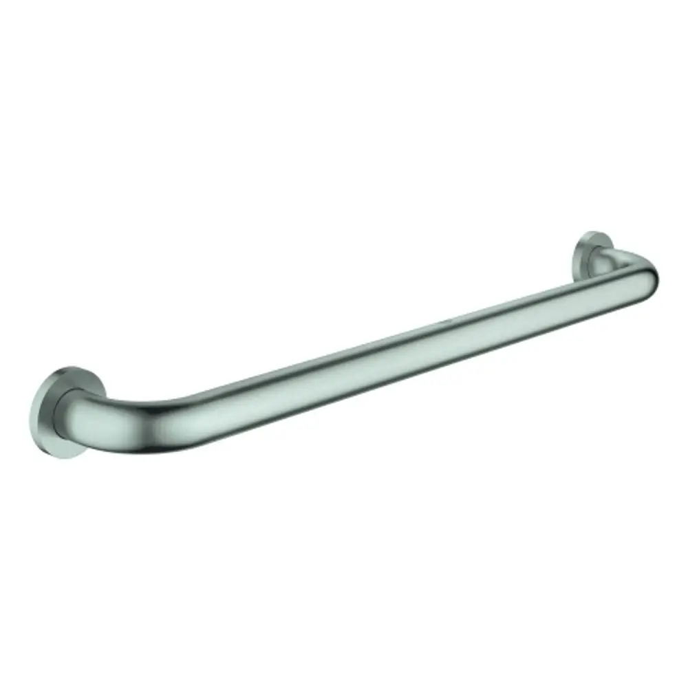 GROHE Griff aus Metall in Supersteel-Oberfläche, gebogene Form, zur Montage an der Wand, dient als Haltegriff für Sicherheit im Bad oder in der Dusche.
