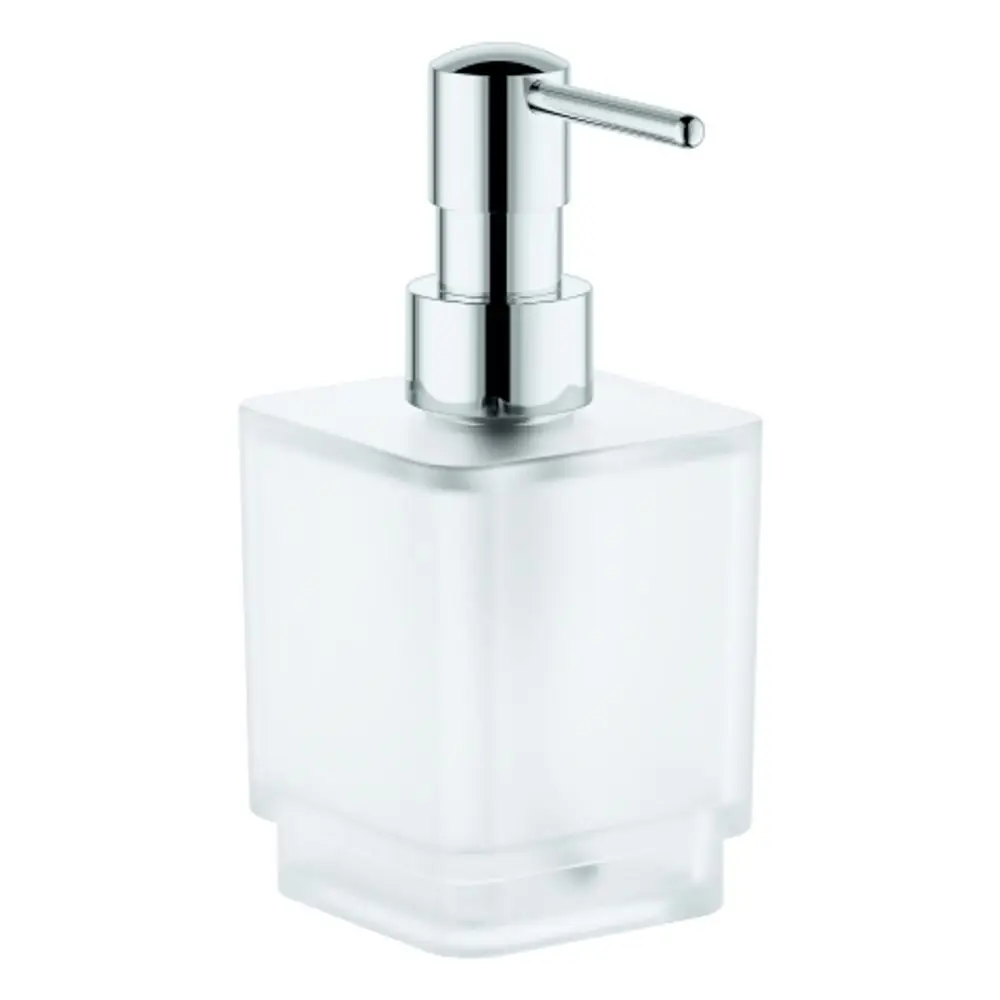 Seifenspender mit rundem Pumpmechanismus in einem schlichten, transparenten Design, ausgestattet mit einem chromfarbenen Element von Grohe.