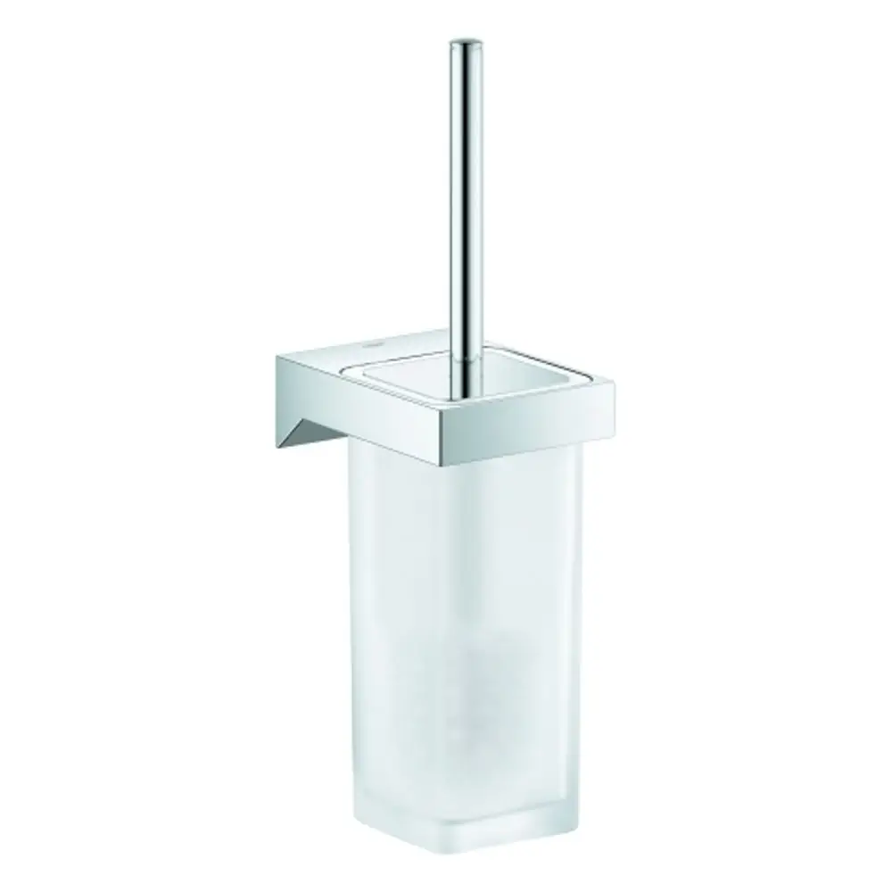 Wandmontierte WC-Bürstengarnitur von Grohe aus Glas und Metall mit quadratischem Halter in Chrom. Bürstenstiel aus Metall, transparenter Behälter für die Bürste.