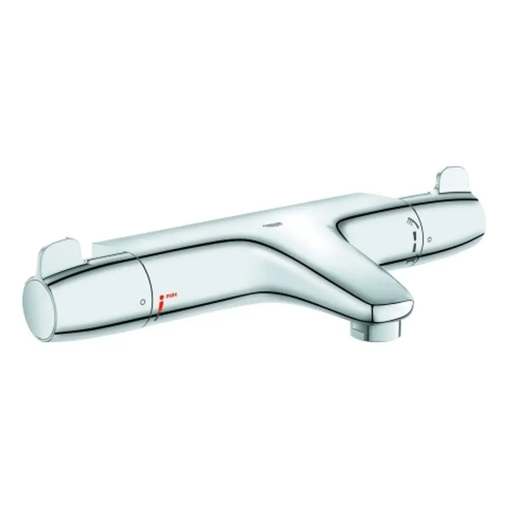 GROHE Mischbatterie in chrom mit zwei Bedienelementen zur Temperaturregulierung und einem Auslauf. Klare Linienführung, geeignet für Badezimmeranwendungen.