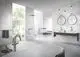 Moderne Badezimmeransicht mit Dusche, Badewanne und Waschbecken. Grohe Armaturen und Zubehör sind sichtbar, umgeben von hellen, marmorierten Wänden und natürlichem Licht.